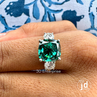 4.00TCW Cushion Cut Green Moissanite Engagement Ring, Three Stone Ring, White Gold Bridal Ring, Cocktail Anniversary Gift Ring, Wedding Ring