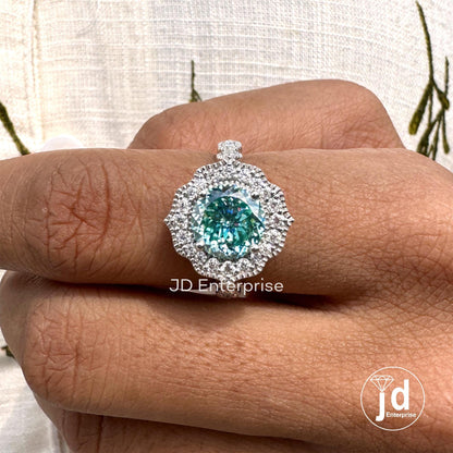 Cyan Blue Portuguese Cut Moissanite Ring, White Gold Halo Engagement Ring, Round Pave Set, Milgrain Wedding Ring, Anniversary Ring