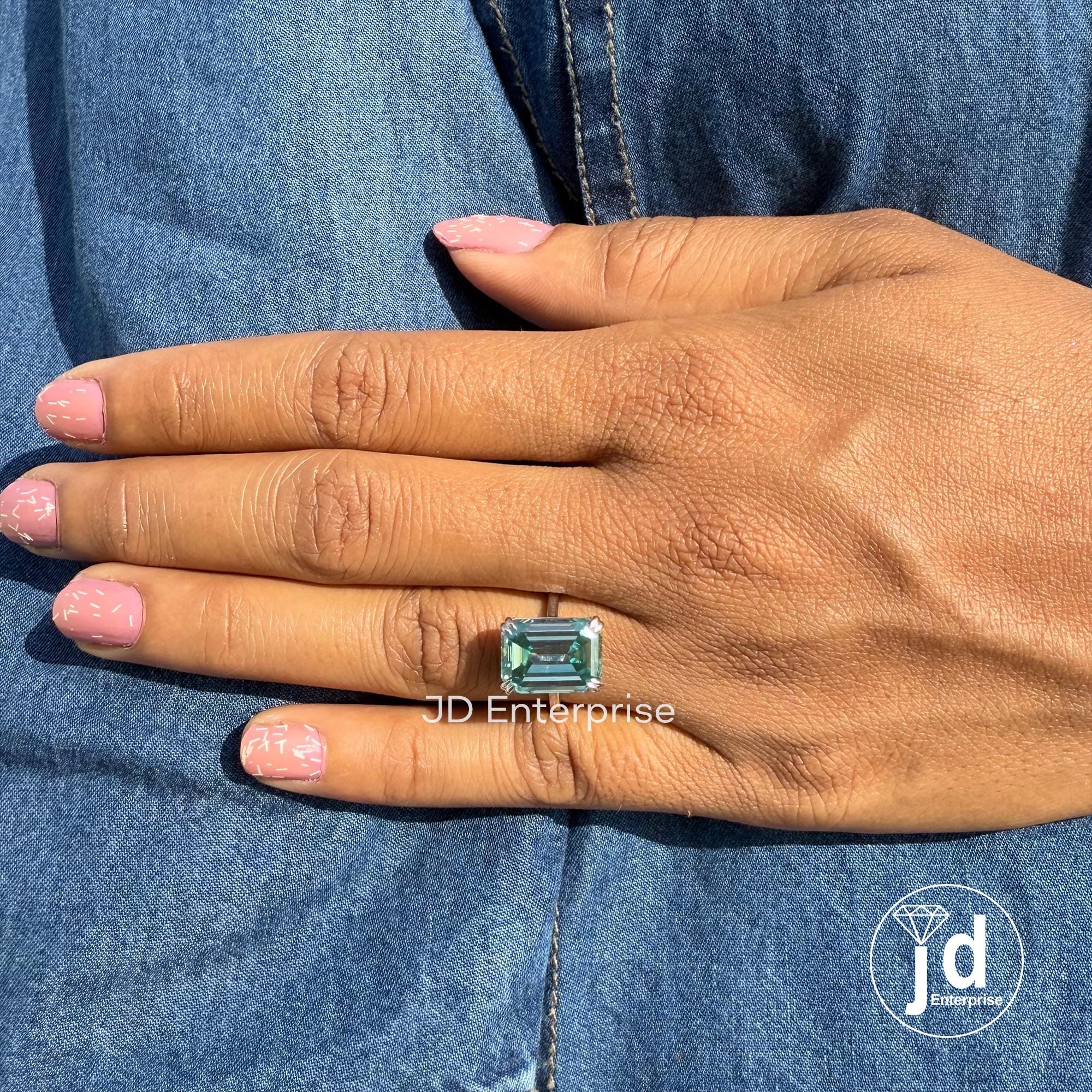 Emerald Moissanite Ring, Solitaire Moissanite Wedding Ring, Greenish Blue Moissanite Engagement Ring, Double Claw Prongs, Anniversary Ring
