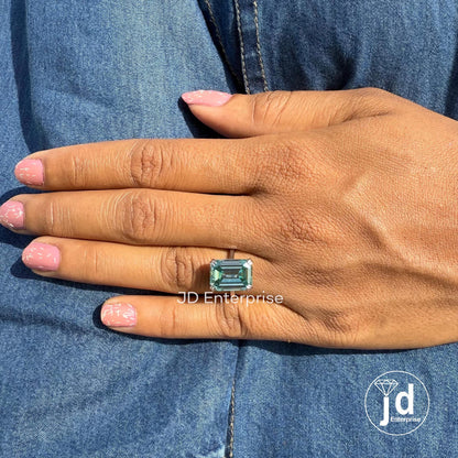 Emerald Moissanite Ring, Solitaire Moissanite Wedding Ring, Greenish Blue Moissanite Engagement Ring, Double Claw Prongs, Anniversary Ring