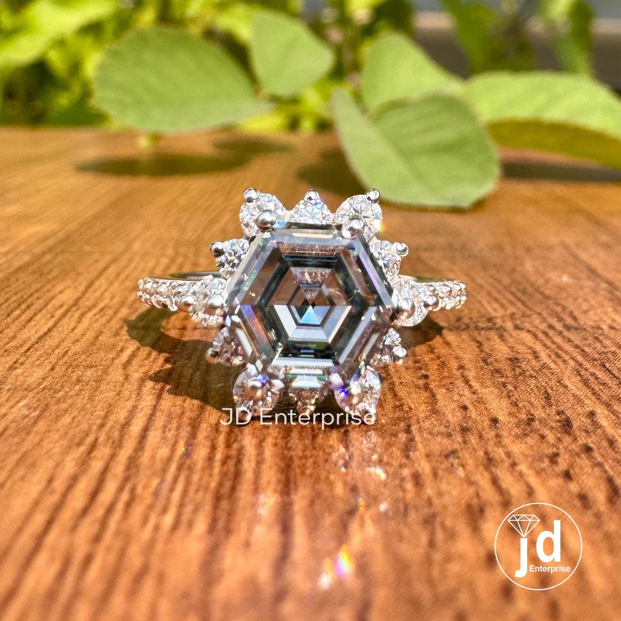 2.78 TW Hexagon Step Cut Grey Moissanite Engagement Ring, Flower Style Halo Wedding Ring, Pave Set Anniversary Ring, Bridal Set Ring