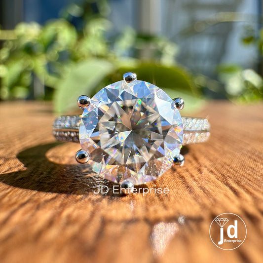 Stunning 2.00 CT Round Moissanite Engagement Ring, Wedding Ring for Women, Six Prong Knife Edge Shank, Two Row Pave Set Ring, Promise Ring
