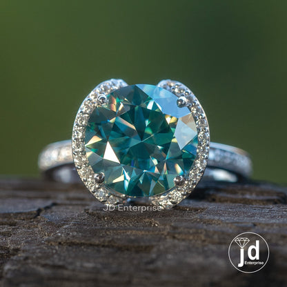 3.60 CT Teal Blue Round Cut Moissanite Half Halo Engagement Ring, Hidden Halo Wedding Ring, Bridal Ring, Pave Set Anniversary Ring, Bridal