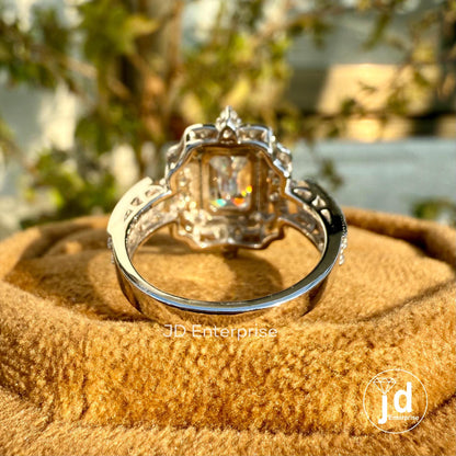 2.0 TW Emerald Cut Moissanite Vintage Engagement Ring, Flower Style Halo Wedding Ring, Milgrain Detailing Ring, Two Row Pave Set Bridal Ring