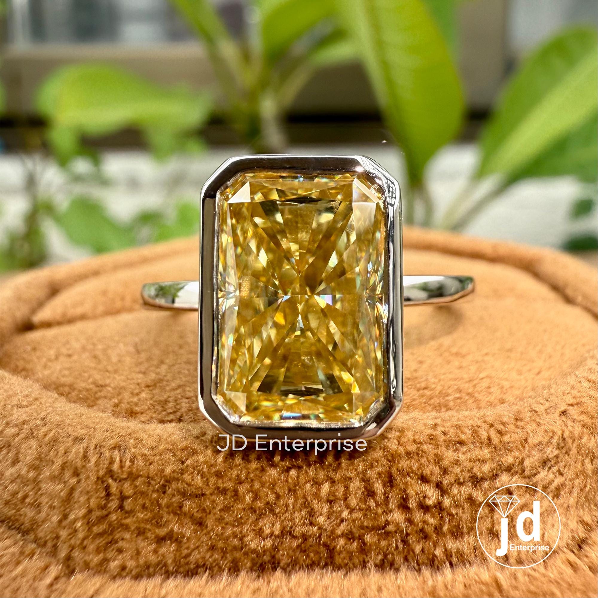 Bezel Set Radiant Cut Canary Yellow Moissanite Engagement Ring, Crushed Ice Radiant Solitaire Bezel Setting Wedding Ring, Anniversary Gifts