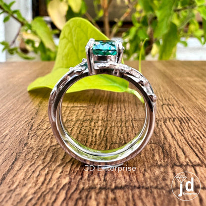 1.25 CT Portuguese Cut Green Moissanite Wedding Ring Set, Vintage Leaf Engagement Ring Set, Nature Inspired Anniversary Matching Band