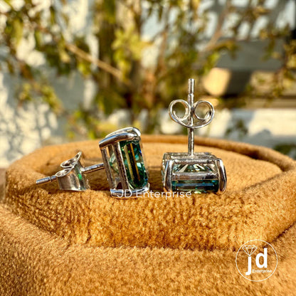 5.00 TCW Radiant Cut Greenish Blue Moissanite Stud Earrings for Women, Claw Prongs, Wedding Earrings, Bridal Earrings, Engagement Earrings