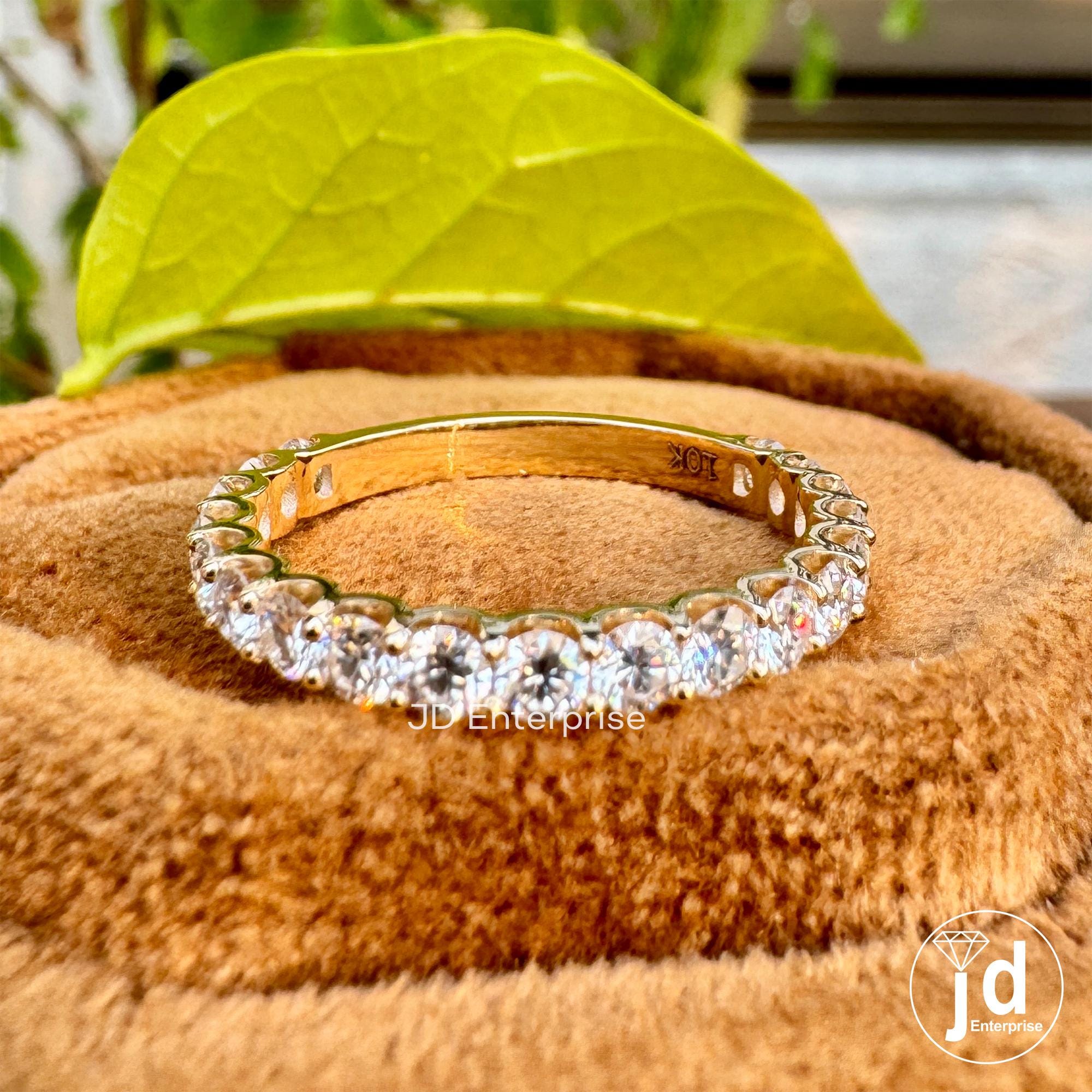 2.50 MM Round Moissanite Dainty Wedding Band, Moissanite Half Eternity Shared Prong Matching Engagement Bands, 10k Yellow Gold Bridal Band