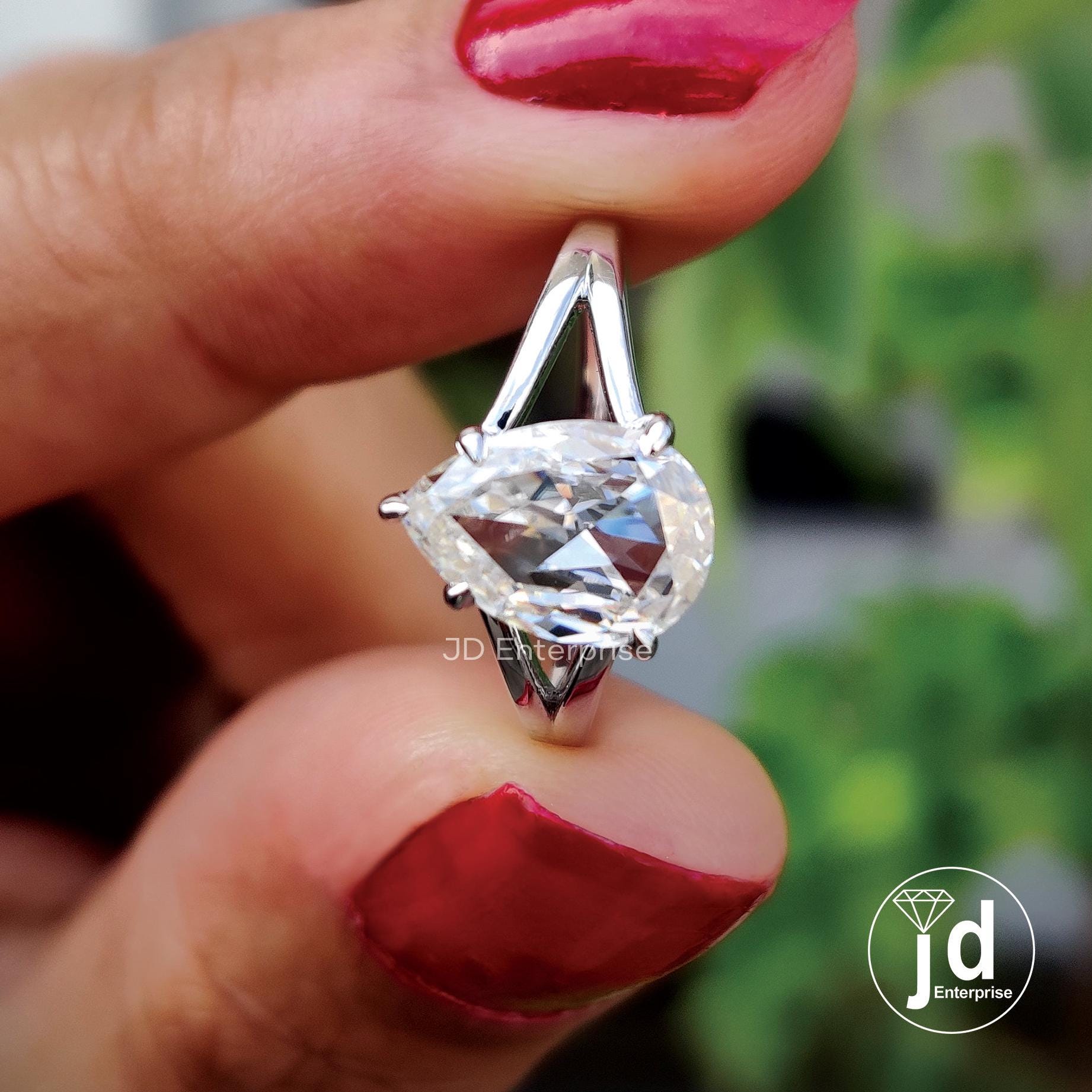 1.70 CT Colorless Pear Rose Cut Moissanite Engagement Ring, Split Shank Wedding Ring, Flat Old Cut Moissanite Ring, Anniversary Ring, Bridal
