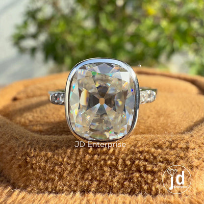 Bezel Set Vintage 3.00 CT Cushion Old Mine Cut Moissanite Engagement Ring, Tulip Basket Set Wedding Ring, Anniversary Gift, Promise Ring