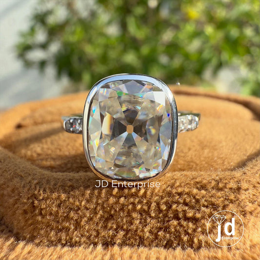 Bezel Set Vintage 3.00 CT Cushion Old Mine Cut Moissanite Engagement Ring, Tulip Basket Set Wedding Ring, Anniversary Gift, Promise Ring