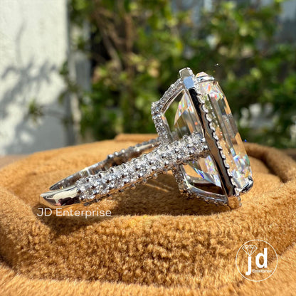 Big 11.00 CT Emerald Cut Colorless Moissanite Engagement Ring, Halo with Hidden Halo Wedding Ring, Celebrity Style Three Side Pave Ring