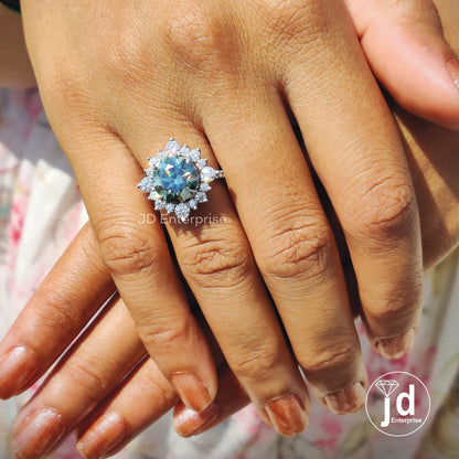 3.60 CT Round Cut Bluegreen Moissanite Engagement Ring, Vintage Halo Anniversary Ring, Pave Set Wedding Rings for Women, Bridal Ring Set