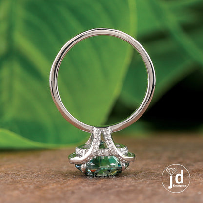 3.60 CT Teal Blue Round Cut Moissanite Half Halo Engagement Ring, Hidden Halo Wedding Ring, Bridal Ring, Pave Set Anniversary Ring, Bridal