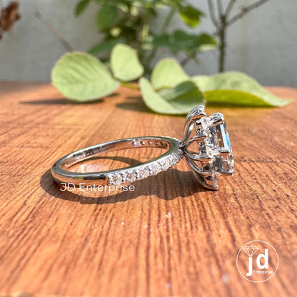 2.78 TW Hexagon Step Cut Grey Moissanite Engagement Ring, Flower Style Halo Wedding Ring, Pave Set Anniversary Ring, Bridal Set Ring