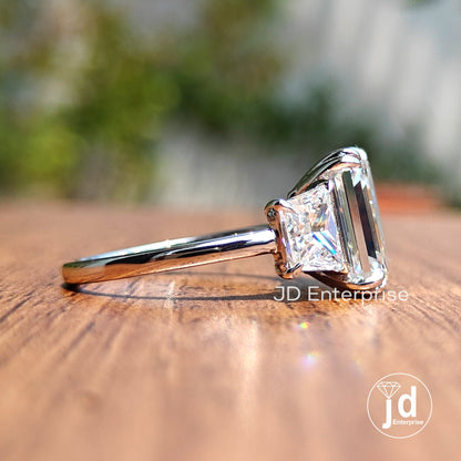 5.50 TW Old Mine Emerald Moissanite Engagement Ring, Side Trapezoid, Three Stone Wedding Ring, Double Claw Prongs Anniversary Ring, Bridal
