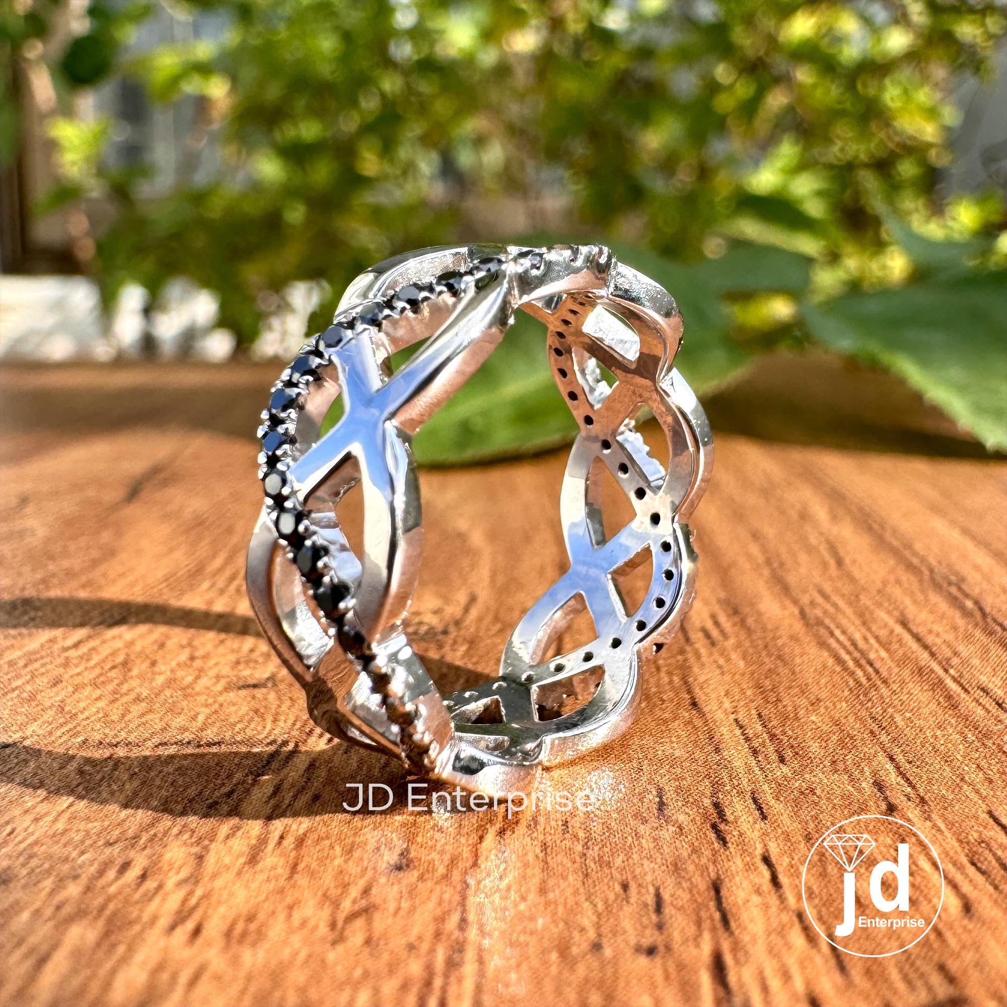 Infinity Twisted Shank Wedding Band, Designer Cross Over Band, Round Cut Black Moissanite Band, Engagement Ring, Anniversary Gift for Her