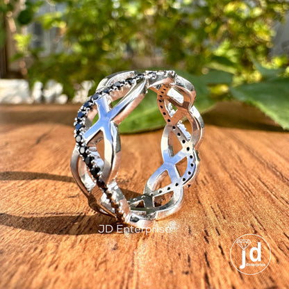 Infinity Twisted Shank Wedding Band, Designer Cross Over Band, Round Cut Black Moissanite Band, Engagement Ring, Anniversary Gift for Her