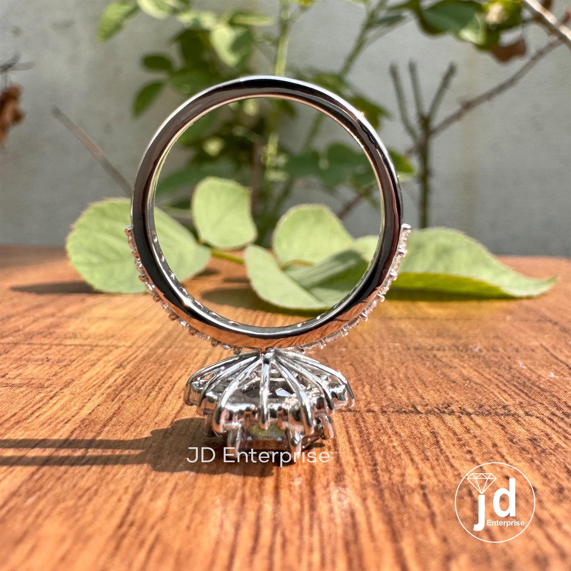 2.78 TW Hexagon Step Cut Grey Moissanite Engagement Ring, Flower Style Halo Wedding Ring, Pave Set Anniversary Ring, Bridal Set Ring
