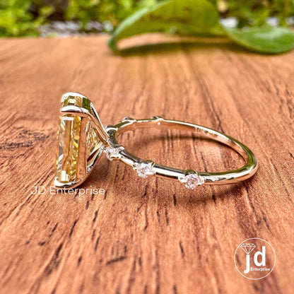 3.00CT Radiant Cut Canary Yellow Moissanite Engagement Ring, Distance Pave Ring, Side Stone Round Cut, 10k Yellow Gold Anniversary Gift Ring