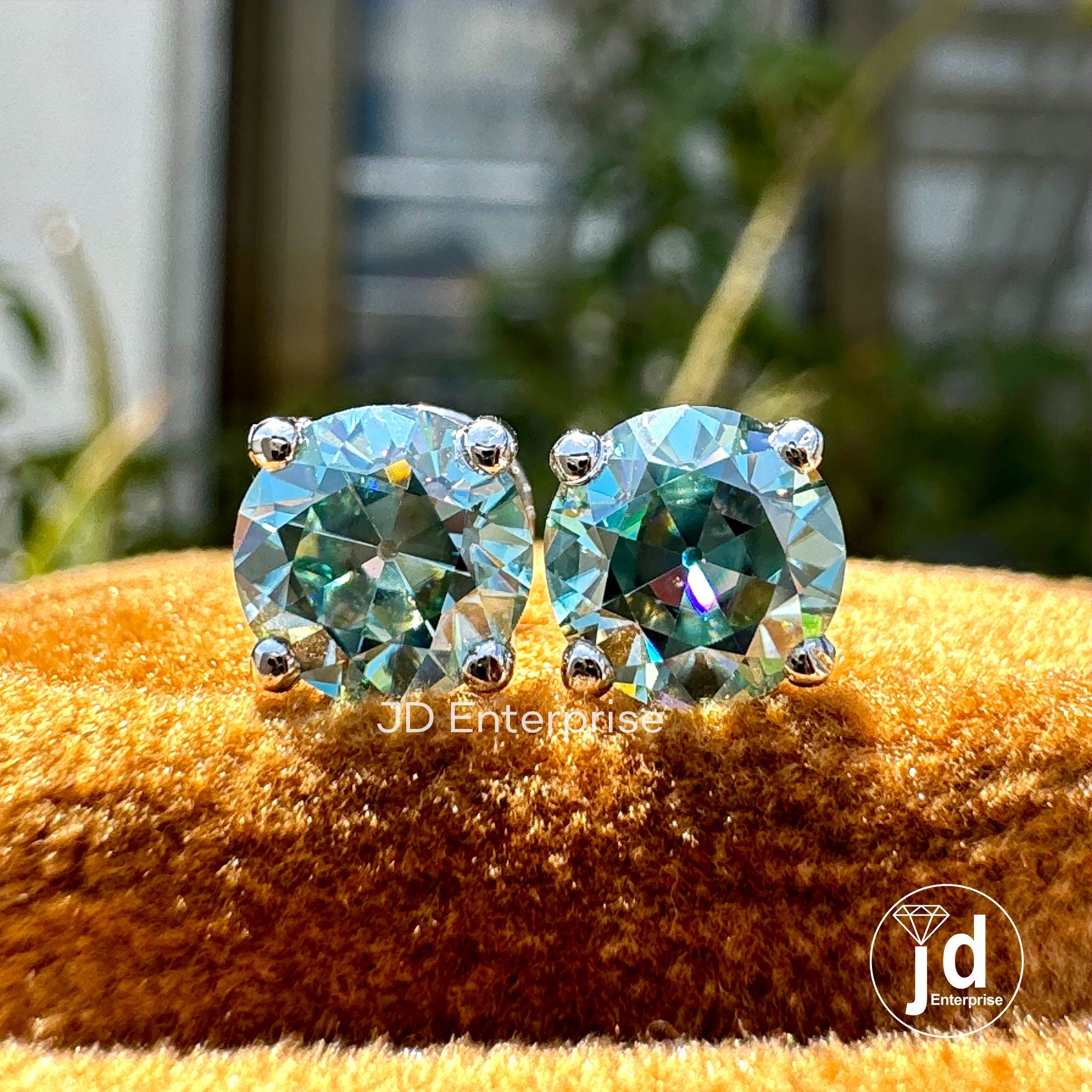 2.00 TCW Antique OEC Round Cyan Blue Moissanite Stud Vintage Style 10K White Gold Earrings, Old European Cut Moissanite Earrings, Screw Back