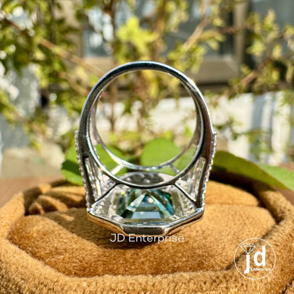 6.50 CT Bezel Set Emerald Cut Bluegreen Moissanite Engagement Ring, Celebrity Style Halo Wedding Ring, Split Pave Bridal Ring, Anniversary