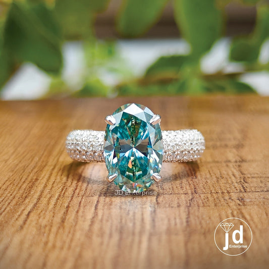 3.50 CT Cyan Blue Oval Cut Moissanite Engagement Ring, Hidden Halo Wedding Ring, Three Side Pave Anniversary Ring, Wide Band, Bridal Ring