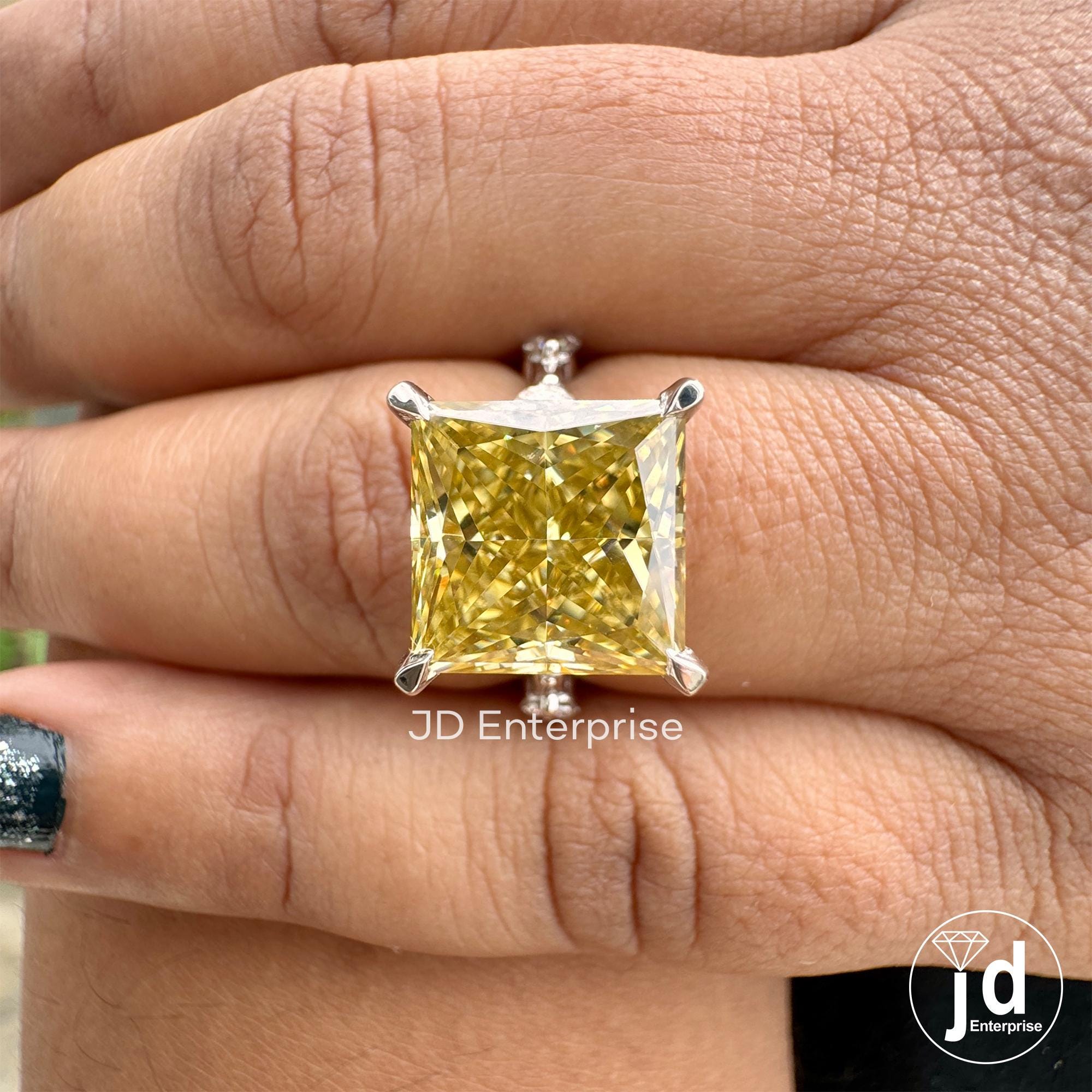 5.35 CT Princess Cut Canary Yellow Moissanite Engagement Ring, Anniversary Gift Ring for Her, Distance Pave Wedding Ring, Best Proposal Ring