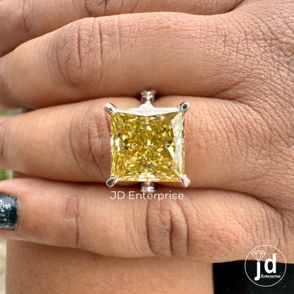 5.35 CT Princess Cut Canary Yellow Moissanite Engagement Ring, Anniversary Gift Ring for Her, Distance Pave Wedding Ring, Best Proposal Ring