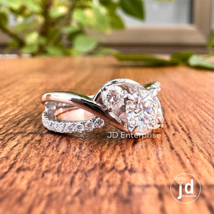 1.12 CT Colorless Round Cut Moissanite Engagement Ring, Three Stone Wedding Ring, Pave Bypass Shank Designer Ring, Anniversary Ring