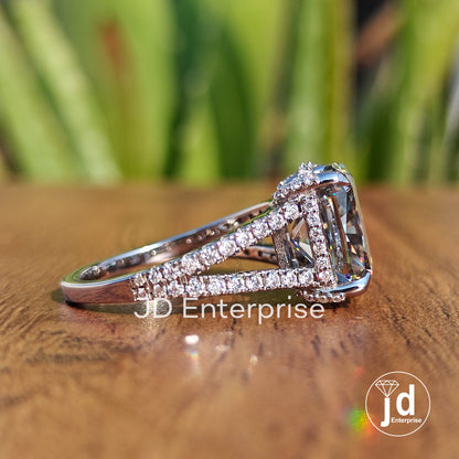 4.80CT Crushed Ice Cushion Light Grey Moissanite Engagement Ring, Hidden Halo Wedding Ring Pave Set Anniversary Ring, White Gold Bridal Ring