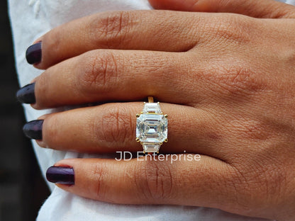 4.00CT Old Mine Emerald Cut Colorless Moissanite Engagement Ring, Three Stone Wedding Ring, Vintage Proposal Ring, Anniversary Gift Ring