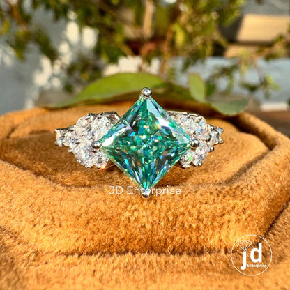 2.50 CT Princess Cut Moissanite Engagement Ring, Dainty Wedding ring, Cluster Accent Bridal Ring, Promise Ring for Women, Anniversary Ring