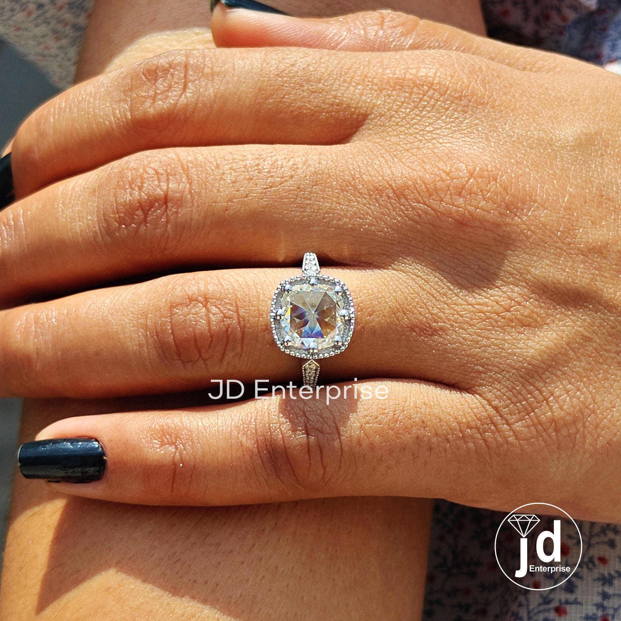 3.00 CT Antique Rose Cut Cushion Moissanite Engagement Ring, Milgrain Ring, Wedding Ring, Pave Basket Set Art Deco Ring, Anniversary Ring