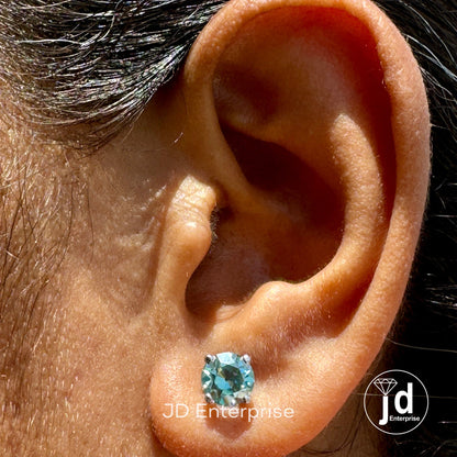 2.00 TCW Antique OEC Round Cyan Blue Moissanite Stud Vintage Style 10K White Gold Earrings, Old European Cut Moissanite Earrings, Screw Back