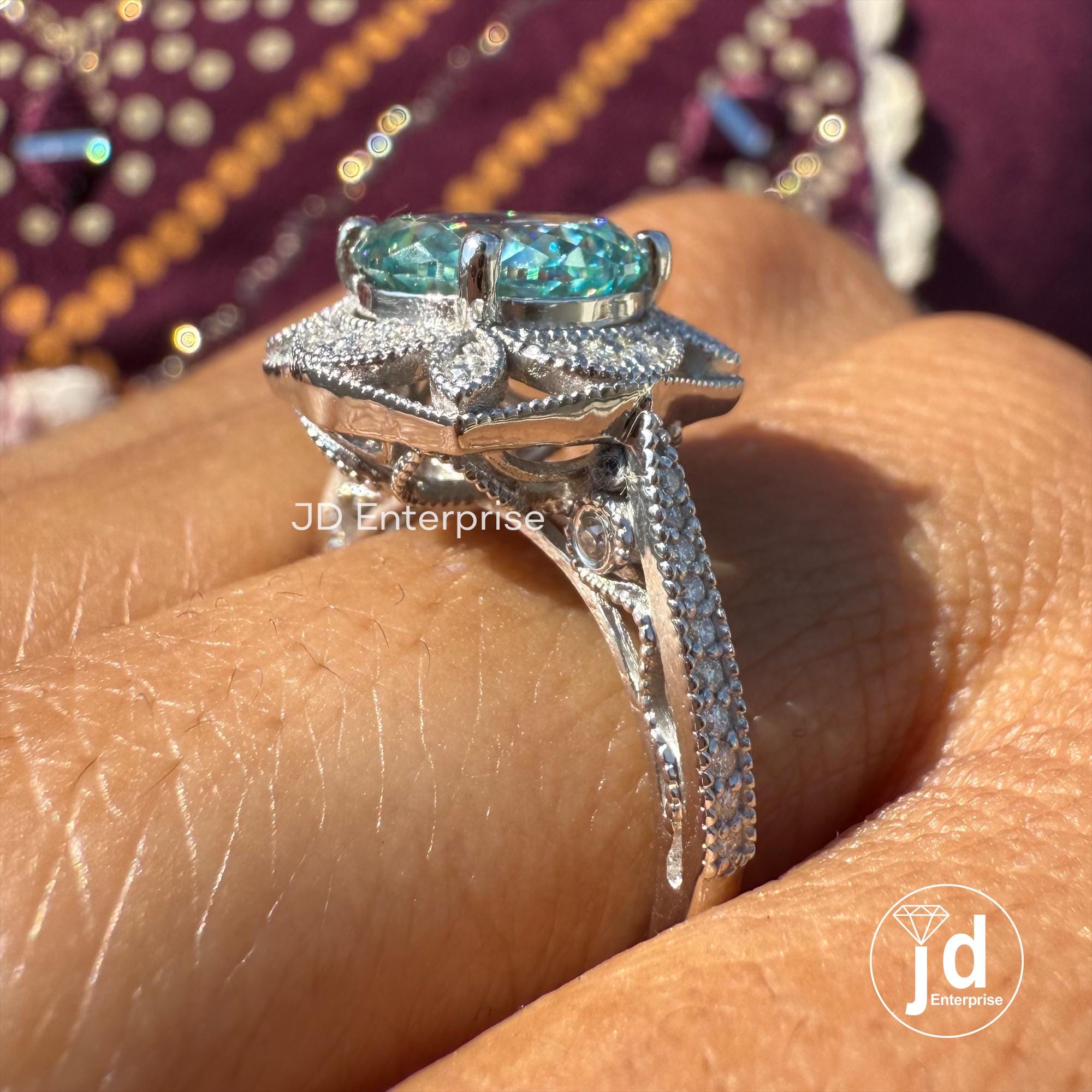 2.50 CT Cyan Blue Portuguese Halo Engagement Ring, Art Deco Wedding Ring, Nature Inspired Floral Ring, Vintage Filigree Anniversary Ring