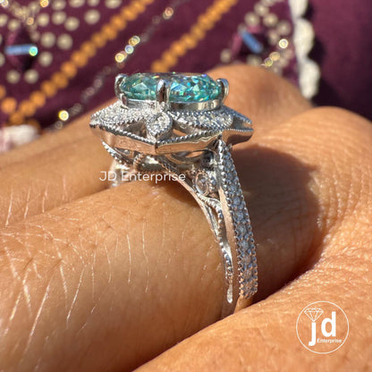 2.50 CT Cyan Blue Portuguese Halo Engagement Ring, Art Deco Wedding Ring, Nature Inspired Floral Ring, Vintage Filigree Anniversary Ring