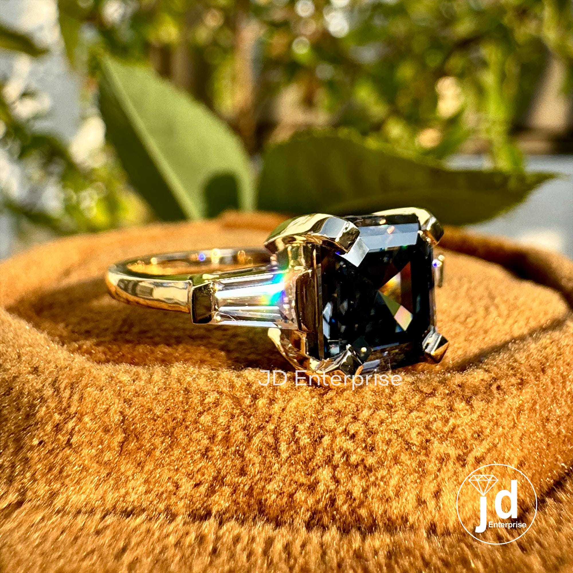 3.00 CT Asscher Cut Dark Grey Moissanite Engagement Ring, Three Stone Wedding Ring, Tapered Baguette Accent Ring, Yellow Gold Ring, Bridal