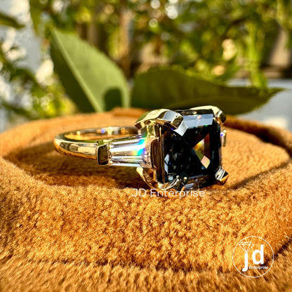 3.00 CT Asscher Cut Dark Grey Moissanite Engagement Ring, Three Stone Wedding Ring, Tapered Baguette Accent Ring, Yellow Gold Ring, Bridal
