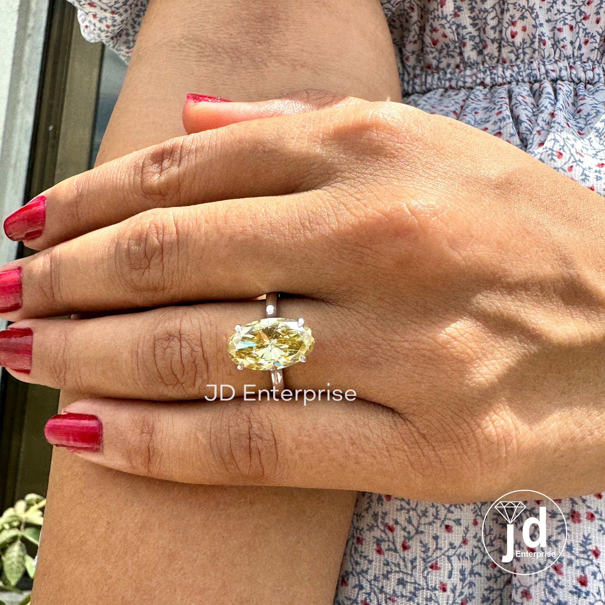3.90 CT Moval Canary Yellow Moissanite Engagement Ring, Antique Elongated Oval Cut Moissanite Bespoken Ring, Open Gap Solitaire Wedding Ring