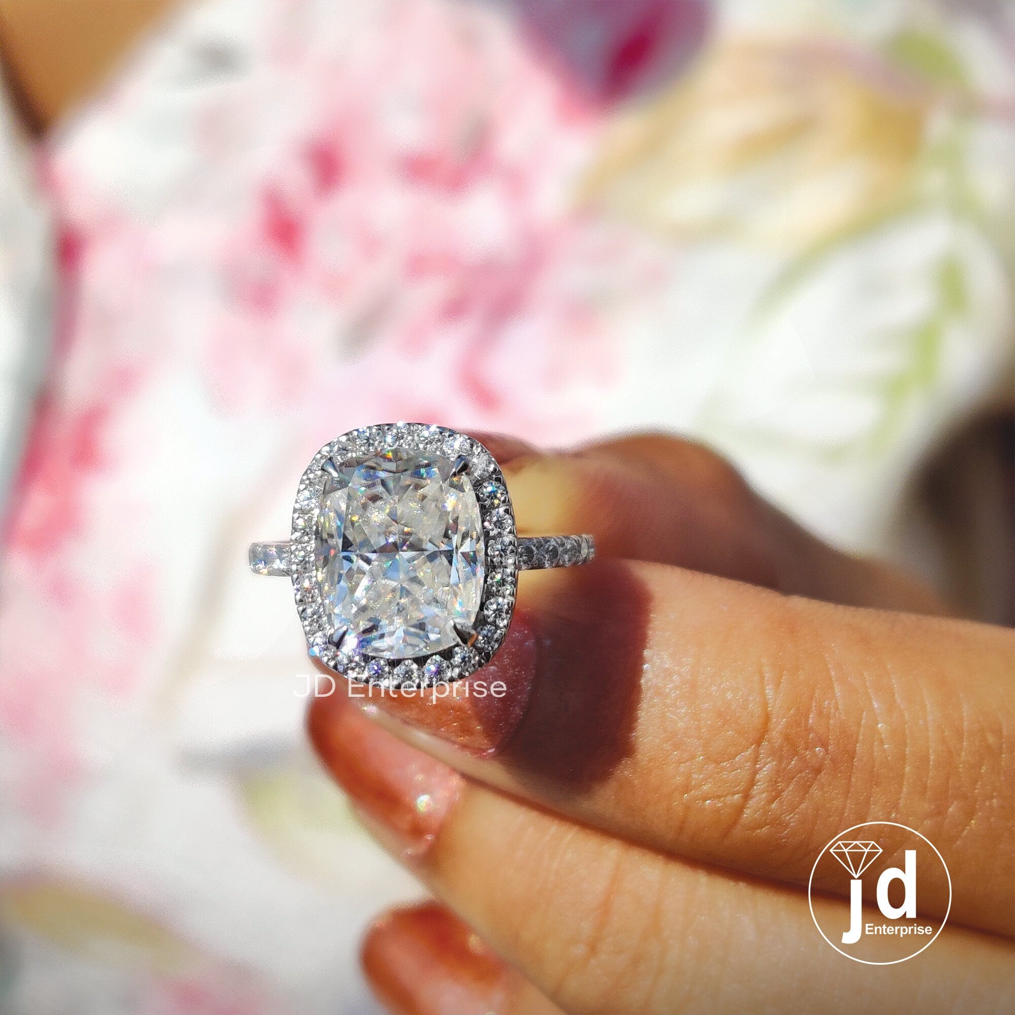 3.00 CT Colorless Elonagted Cushion Cut Moissanite Engagement Ring, Halo Wedding Ring, Claw Prongs, Accent Bridal Ring, Anniversary Gifts