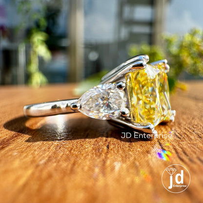 3.50 TW Canary Yellow Princess Moissanite Engagement Ring, Three Stone Wedding Ring, Anniversary Gift, Side Pear Cocktail Ring, Propose Ring