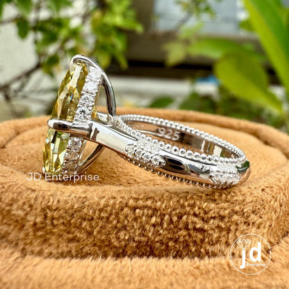 Canary Yellow Moissanite Engagement Ring, 4.00 CT Antique Elongated Oval Wedding Ring, Hidden Halo Milgrain Ring, Anniversary Gift Ring