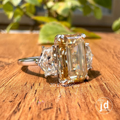 6.56 TCW Brownish Yellow Emerald Cut Moissanite Engagement Ring, Three Stone Wedding Ring, Side Stone Shield Cut Anniversary Gift