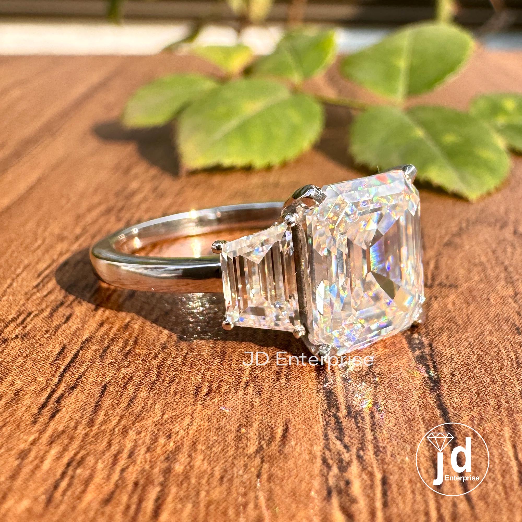 4.00CT Old Mine Emerald Cut Colorless Moissanite Engagement Ring, Three Stone Wedding Ring, Vintage Proposal Ring, Anniversary Gift Ring