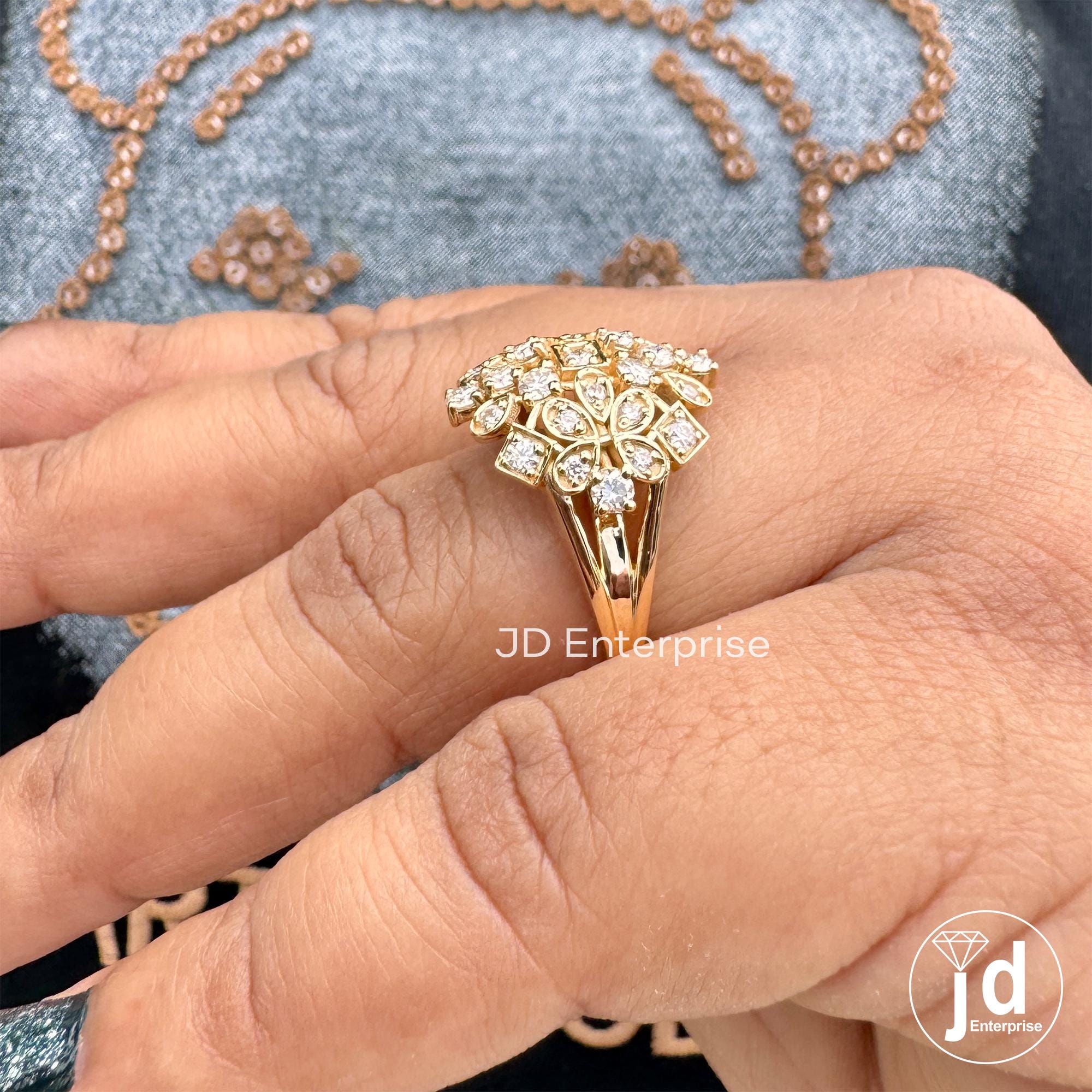 Cocktail Rhombus Bridal Ring, Cluster Set Moissanite Ring, Floral Style Round Cut Moissanite Engagement Ring, 18k Yellow Gold Wedding Ring