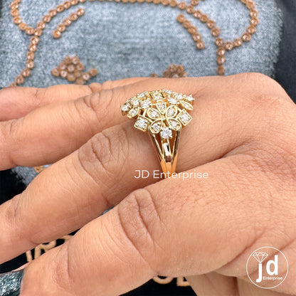 Cocktail Rhombus Bridal Ring, Cluster Set Moissanite Ring, Floral Style Round Cut Moissanite Engagement Ring, 18k Yellow Gold Wedding Ring