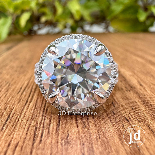 6.00 CT Colorless Heart & Arrow Round Cut Moissanite Ring, Halo Engagement Ring, Accent Wedding Ring, Pave Split Shank Ring, Bridal Ring