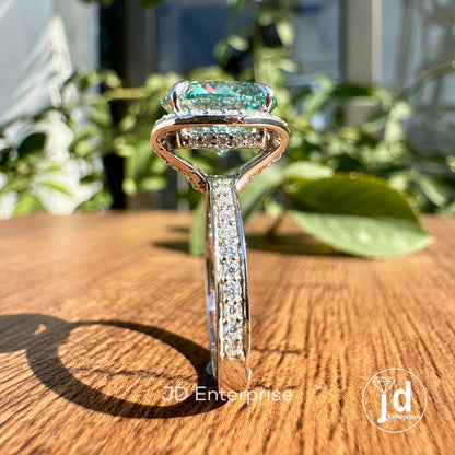 Gorgeous 4.20 CT Cyan Blue Portuguese Cut Moissanite Half Halo Engagement Ring, Hidden Halo Wedding Ring, Bridal Set Ring, Anniversary Ring