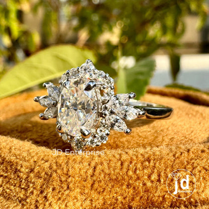 1.00 CT Oval Cut Moissanite Engagement Ring, Oval Wedding Ring, Cluster Set Halo Ring, Vintage Bridal Set Ring, Solid Gold Promise Ring